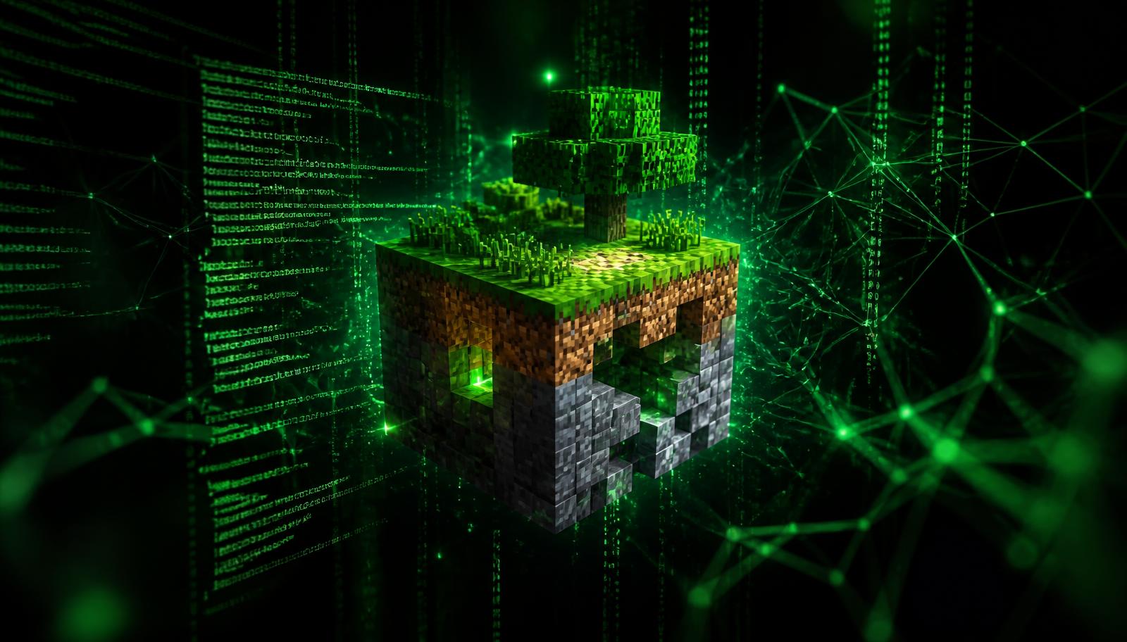 Bloc de terre Minecraft entouré de lignes de code Java et d'un réseau neuronal, illustrant la génération de plugins par intelligence artificielle